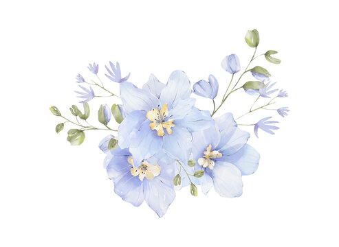 Watercolor delphinium floral bouquet png, elegant wedding arrangement, blue blossom flowers.