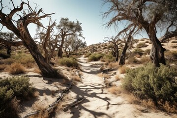 Fototapeta na wymiar Hiking trail landscape with twisted, bristled trees over arid desert meadow in Southern California. Generative AI