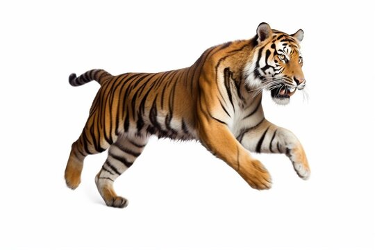 Roaring bengal tiger jumping, isolated on white. Generative AI