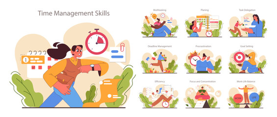 Time management skills set. Character with self-discipline. Planning