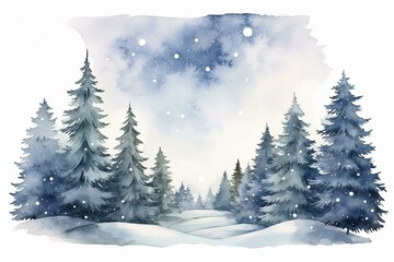 Watercolor winter landscape with trees, mountains, clouds, and stars on a white background; ideal for nursery room decor. Generative AI