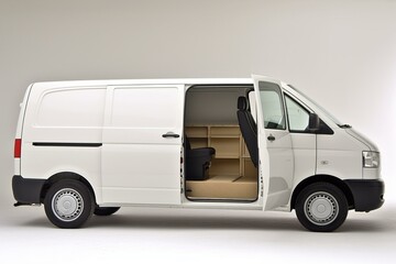 A roomy van with open cargo space, viewed from the side, set against a plain white backdrop. Generative AI