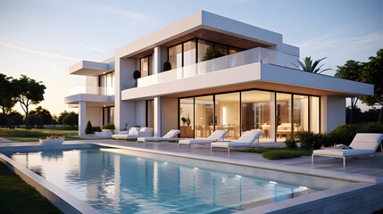 Exterior of modern minimalist cubic villa with balcony, terrace and swimming pool