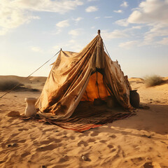 Old tribal tent in the Middle Eastern desert - obrazy, fototapety, plakaty