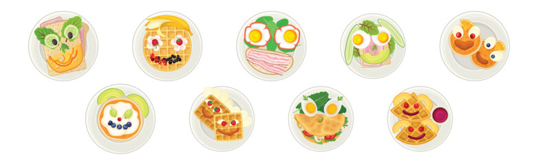Food for Breakfast for Kids with Served on Plate Top View Vector Set