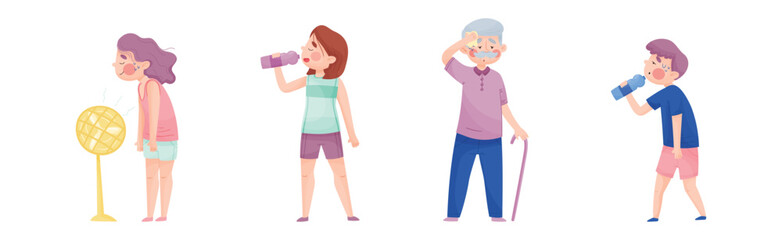 Sweaty People Characters Cooling Themselves with Drink and Fan in Hot Weather Vector Set