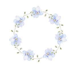 Fototapeta na wymiar Watercolor delphinium floral wreath png, elegant wedding arrangement, blue blossom flowers.