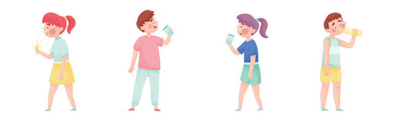 Sweaty People Characters Cooling Themselves with Drink and Fan in Hot Weather Vector Set