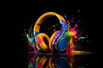 Abstract colourful headphones on black background.