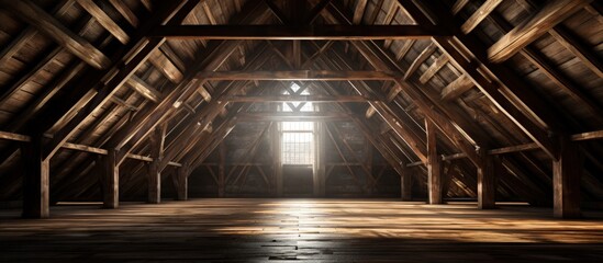 Building s attic with wooden roof beams - obrazy, fototapety, plakaty
