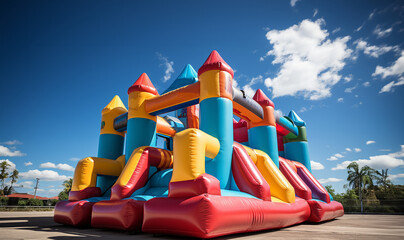 Big bouncy castle slide in garden, colorful Inflatable bouncy castle on sunny summer day with blue sky. Bouncy house for kids to jump on outdoors - obrazy, fototapety, plakaty