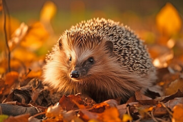Naklejka na ściany i meble Hedgehog in fall forest with orange leaves