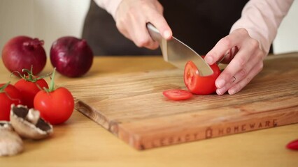 Woman cutting tomato on wooden cutting board, slicing vegetables in bright sunny kitchen, vegetable scattered around, slide from left to ride