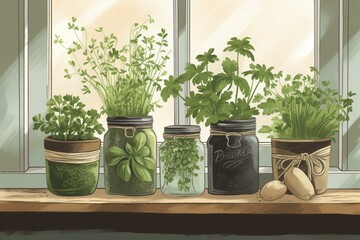 Illustration of herbs growing in jars on a window sill with basil, sage, chives, parsley, oregano, and thyme. Generative AI