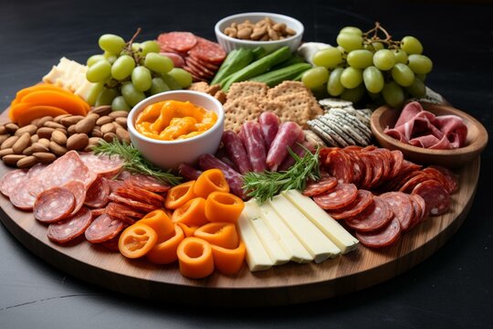 Wholesome game day platter stacked with snacks and finger foods perfect for gathering. Generative AI