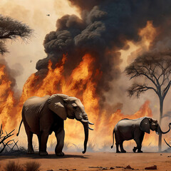 African wild animals fleeing a forest fire due to global warming