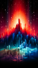 Abstract cityscape with red and blue sky.