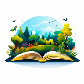 Open book with trees and grass on white background.