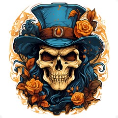 Skull with top hat and roses on it's head.