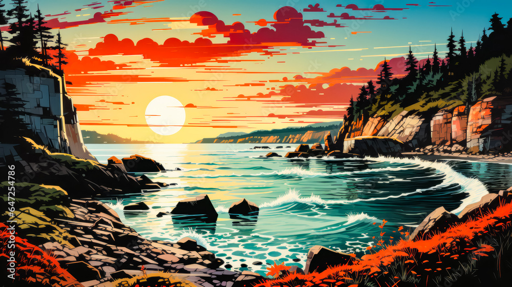 Poster Image of sunset over body of water with rocks in the foreground.