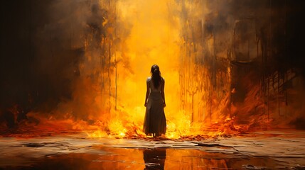 Image of woman standing in front of fire.
