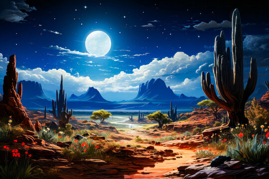 Image of desert scene with full moon in the sky.