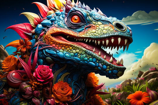 Close up of dragon with flowers in the background.
