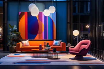 A modern space with vivid lighting and a vibrant armchair. Generative AI
