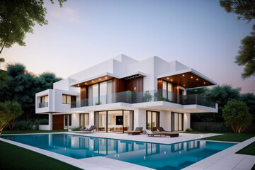 luxurious modern house with elegant garden lighting