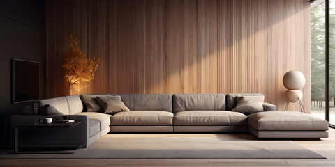 Grey corner sofa against wood paneling wall with tv. Minimalist home interior design of modern living room