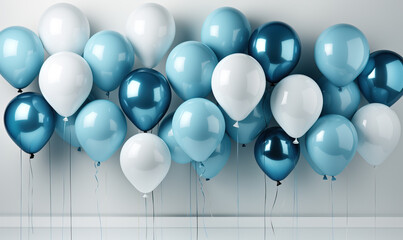 Blue and white balloons on a white background.