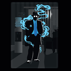 Dark illustration of a sheriff's office. A silhouette card of the Commissioner in the office