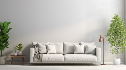 Grey sofa near wall with abstract art poster. Minimalist interior design of modern living room