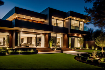 luxurious modern house with elegant garden lighting