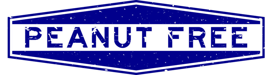 Grunge blue peanut free word hexagon rubber seal stamp on white background