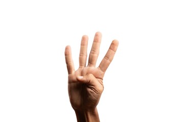 Black male right hand sign for number four isolated on white background.