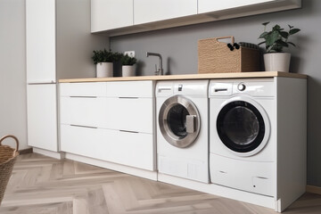 A spacious laundry room with front load washer and dryer set, stacked for maximum efficiency. Experience convenience with AI Generative technology.