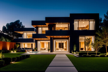 luxurious modern house with elegant garden lighting