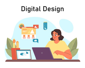 Web or digital designer. Female character works on website or software