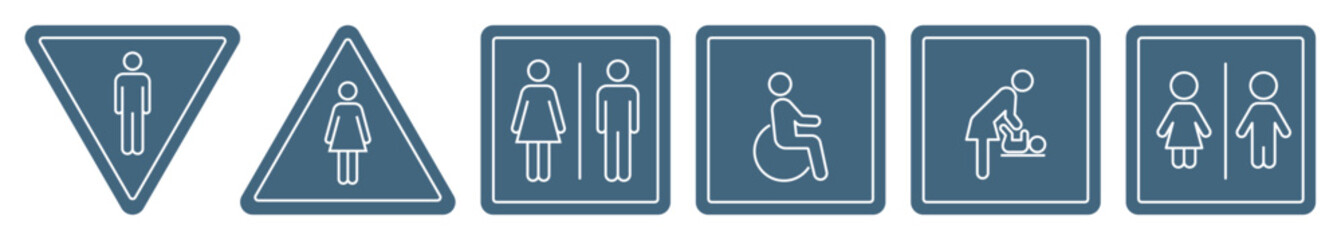 WC icons vector set: man, woman, disabled person, baby, boy, girl. Male and female line symbols for toilets, showers and fitting rooms. Collection of gender pictograms for lavatory.