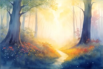 Beautiful morning rainy forest. Watercolor style. AI generated illustration