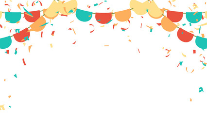 multicolored retro flag garland and confetti hanging carnival card or banner design on transparent background