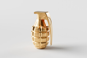Isolated golden hand grenade with white background. A dangerous weapon of war, symbolizing violence. 3D illustration for military and combat equipment. Throw bomb