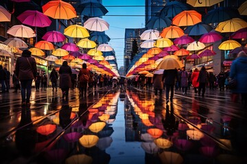 Umbrellas reflecting in the street