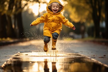 A kid playing in a rain puddle