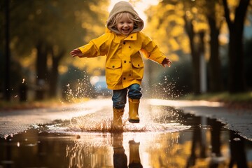 A kid playing in a rain puddle - obrazy, fototapety, plakaty