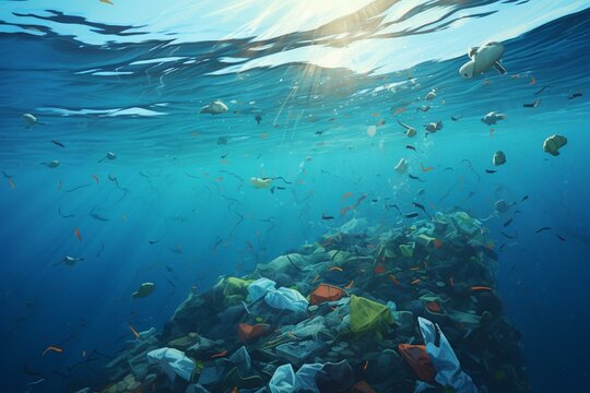 Art illustration depicting plastic garbage floating on the ocean. Generative AI