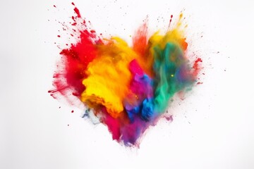 Multicolor holi paint powder splash creates heart shape on white background. Generative AI