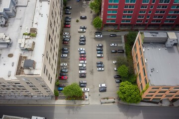 Bird's-eye view of occupied and vacant spaces in an indoor parking area. Generative AI