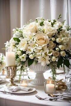 Classic white and ivory wedding arrangement with exquisite floral and planner touch.